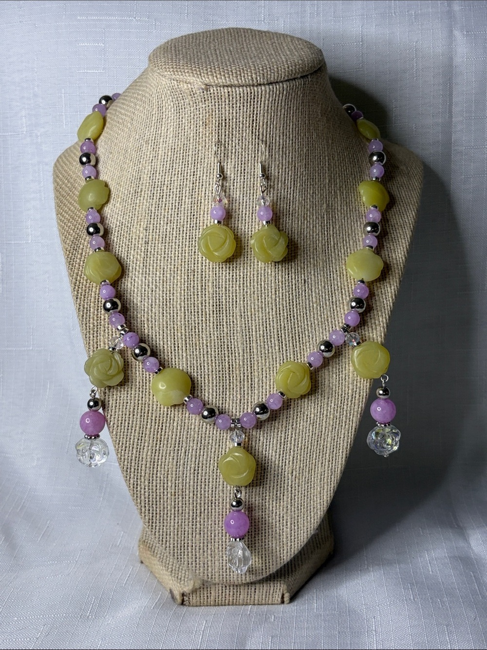 Handcrafted Yellow and Lavender Rose Bead Necklace & Earring Set